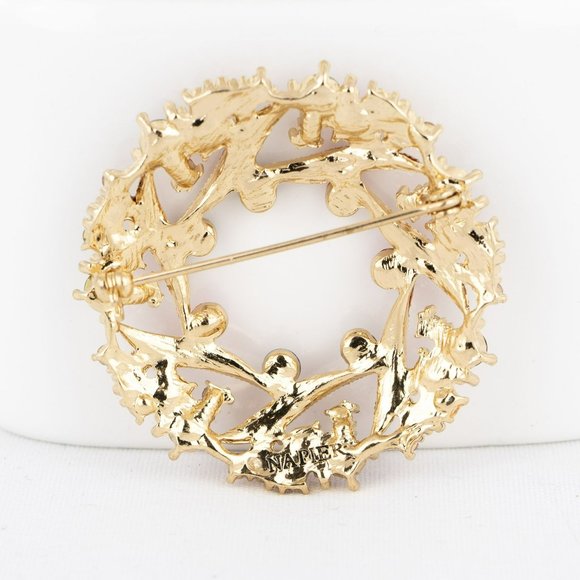 Vintage Napier Brooch Signed Gold Tone Circle Wreath Bright Deep Red Baby Pink - Picture 2 of 7